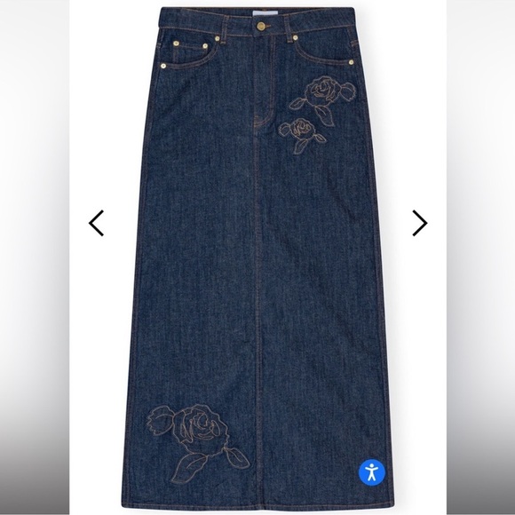 NWOT Ganni Appliquéd Floral-Embroidered Mid-Rise Stretch-Organic Denim MaxiSkirt - Picture 16 of 17